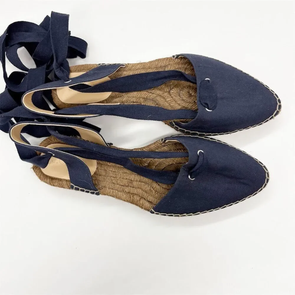 J. Crew Pointed‎ Toe Ankle Wrap Tie Espadrille Size 8 Navy Blue Canvas Summer